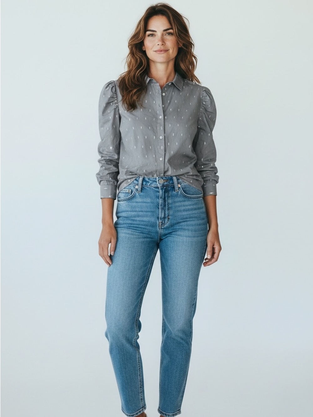 GAP Gray Puff Sleeve Button Down Shirt with Metallic Detail